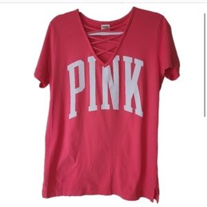 Victorias Secret pink lace up neck tee shirt L